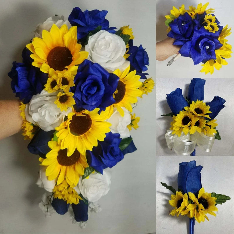 Royal Blue White Rose Sunflower Bridal Wedding Bouquet Accessories Bouquet