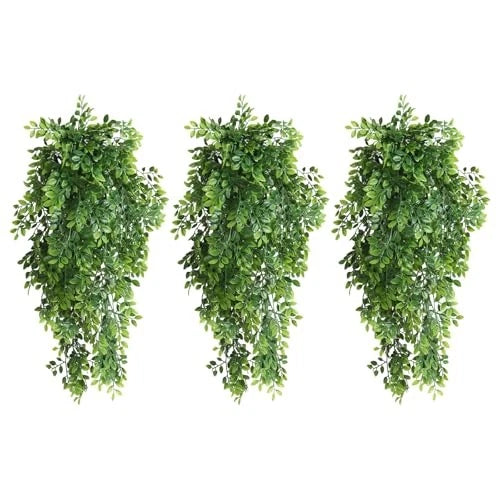 Set of 3 artificial hanging pea leaf plants with cascading green foliage