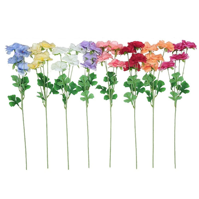 Artificial peony flower stems bouquet with multicolor blooms, plastic flowers on green stalks