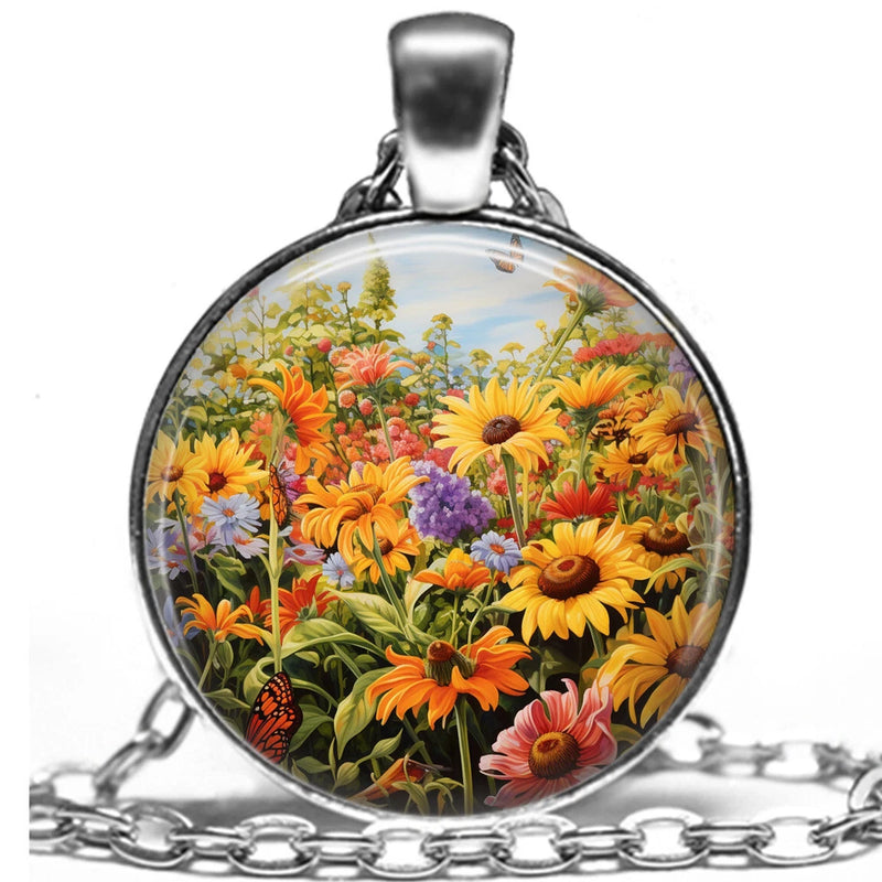 Watercolor Art Print Sunflowers Coneflowers Nature Inspired Floral Necklace 24" Sunflower