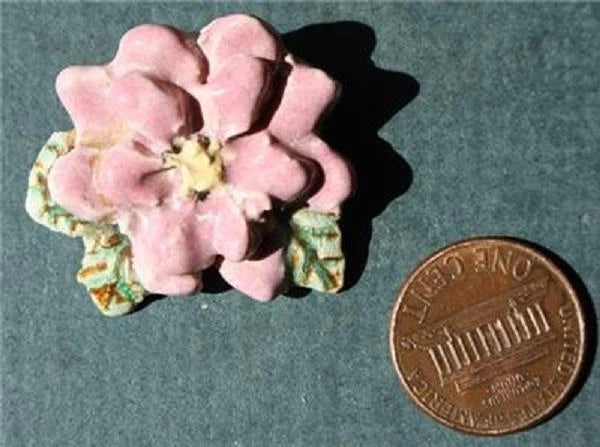 Pink carnation flower handmade pottery brooch with green leaves and small gold detail