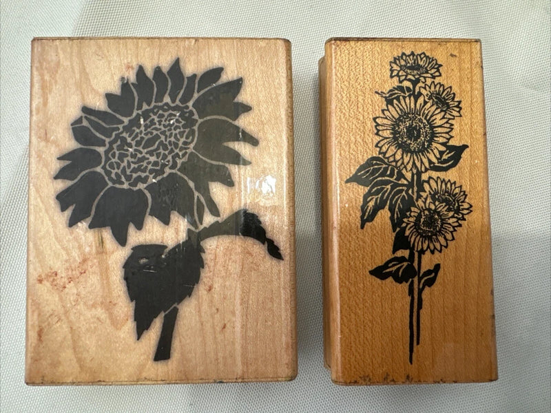 Set of 2 sunflower rubber stamp blocks with dark sunflower floral designs on wood