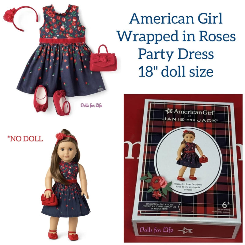 18-inch doll party dress with red rose print, matching shoes and handbag