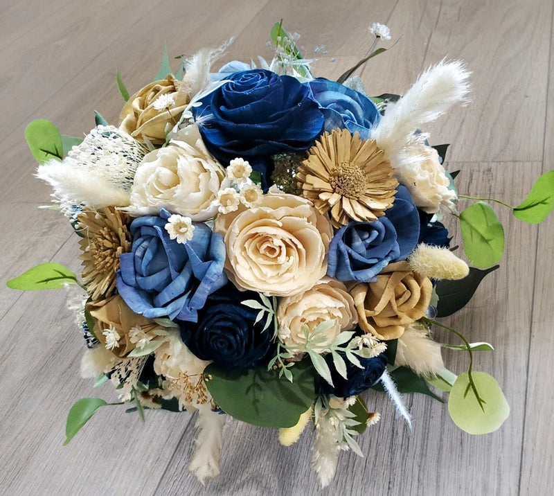 Dusty Navy Blue Bridal Bouquet Brown Sola Wood Tan Bridesmaid Wedding Flowers Pampas Grass