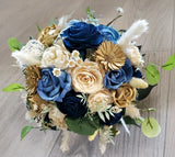 Dusty Navy Blue Bridal Bouquet Brown Sola Wood Tan Bridesmaid Wedding Flowers Pampas Grass