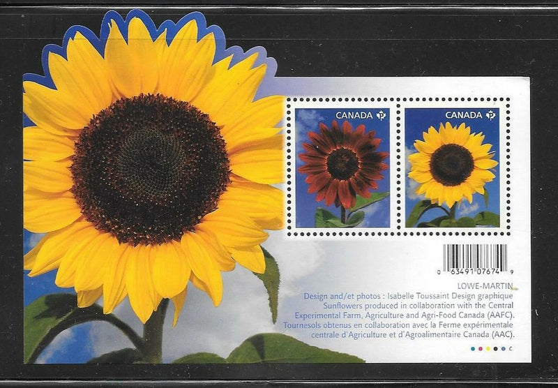Sunflower stamp souvenir sheet with two Canada flower stamps on white card
