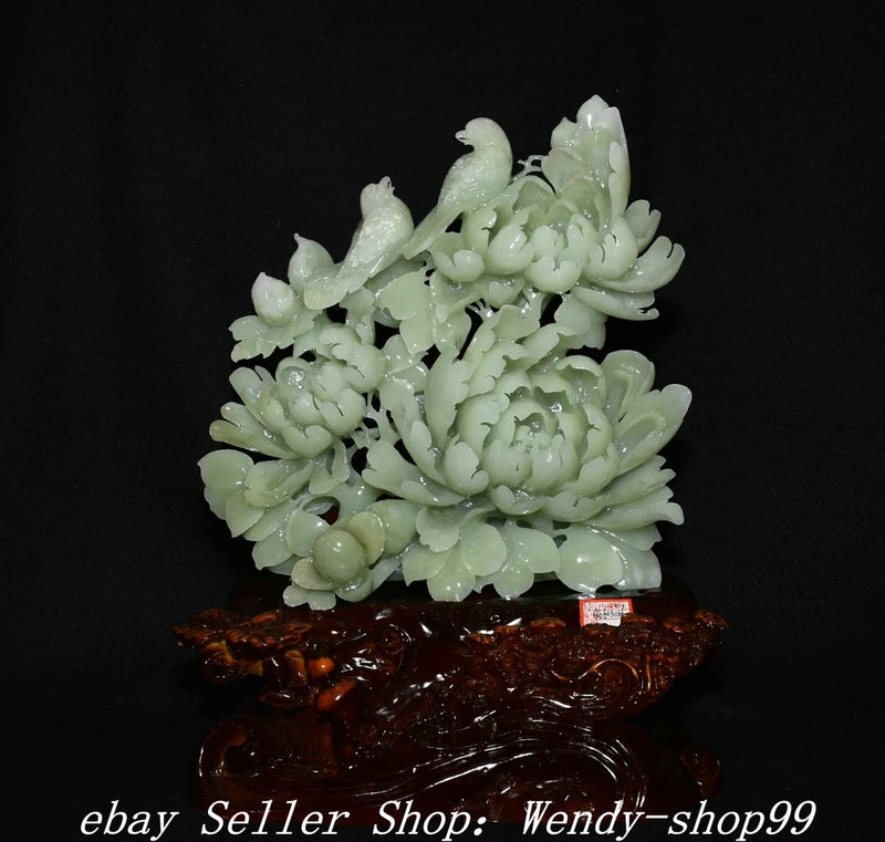 Light green jade peony flower carved ornament statue with clustered blossoms on base