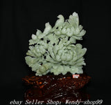 16" China Natural Green Xiu Jade Carved Peony Flower Bird Magpie Animal Statue Peony