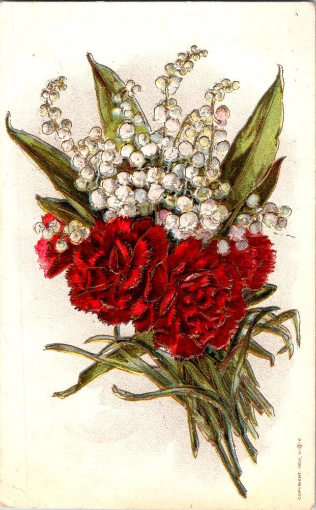 Floral postcard with red carnation bouquet, white lily-of-the-valley buds, green leaves