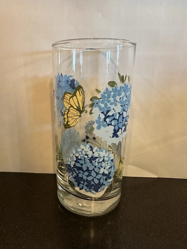 Royal Norfolk BLUE HYDRANGEA GLASS Flower Butterfly Drink Tumbler 16.3 oz Hydrangea