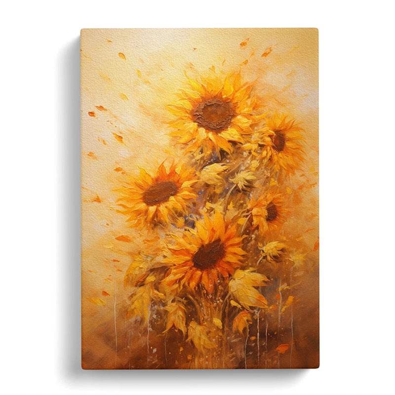 Framed canvas wall art print with orange sunflower bouquet and textured paint-like strokes