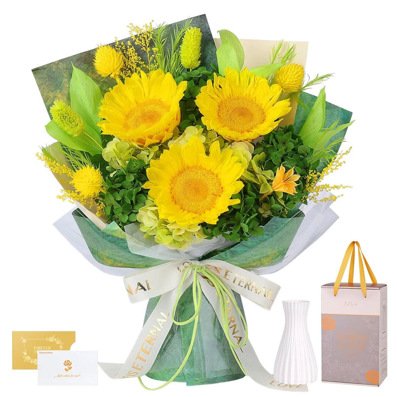 Yellow preserved sunflower bouquet with green leaves, wrapped in translucent netting.