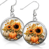 Sunflowers Pumpkins Autumn Fall Harvest .925 Dangle EarringsThanksgiving Jewelry Sunflower