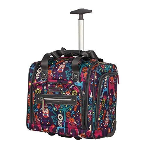 Under-seat rolling bag with telescoping handle, colorful floral pattern, front zip pockets