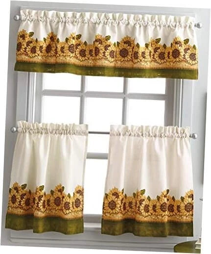Sunflower kitchen tier curtains set of 3, white with yellow blooms and green border, rod pocket