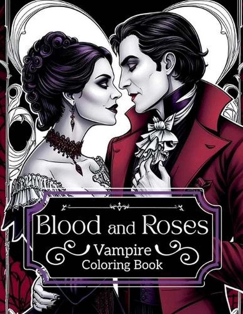 Vampire coloring book cover with vampire couple and "Blood and Roses" title