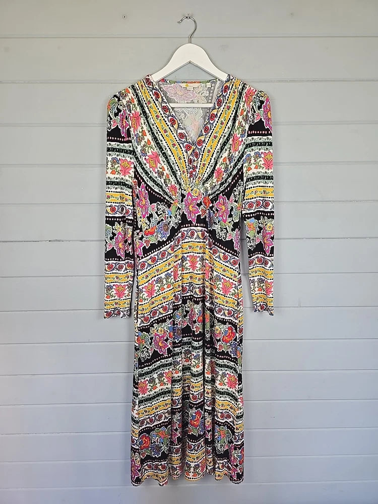 Floral print jersey midi tea dress with V-neck and long sleeves, multicolor