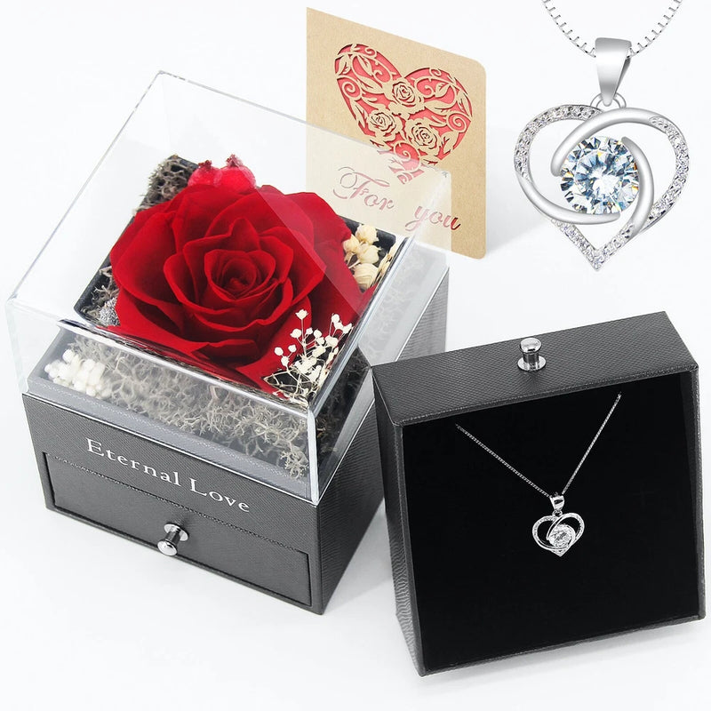 Red rose in glass gift box with silver heart pendant necklace and chain