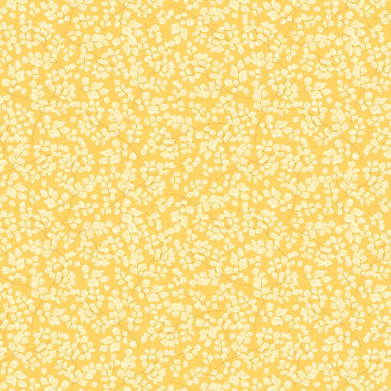 Yellow fabric with small white lily petal pattern print