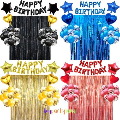 Birthday decoration set with foil 'Happy Birthday' stars, balloons and tinsel curtain