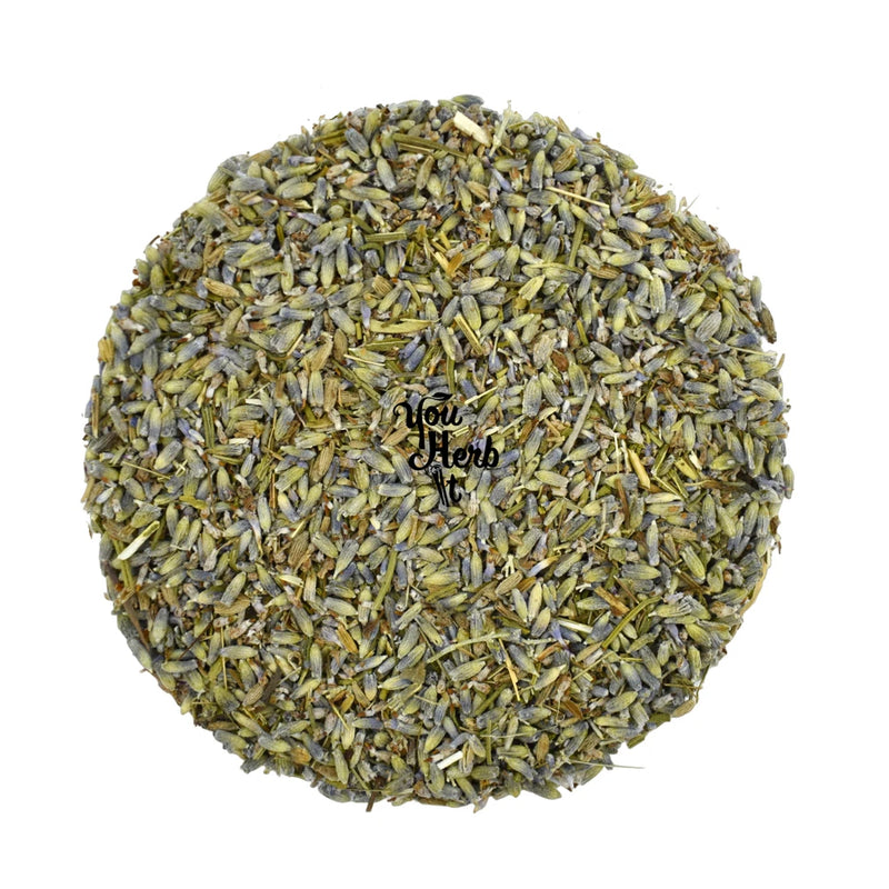 Dried whole lavender flowers with buds and stems, pale green and lavender