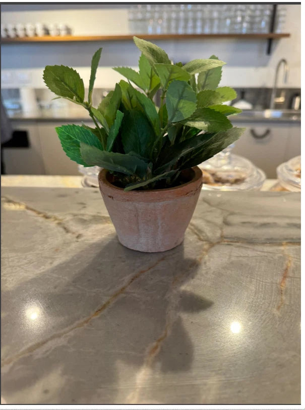 Artificial eucalyptus-style greenery plant in a small gray pot, dark green leaves