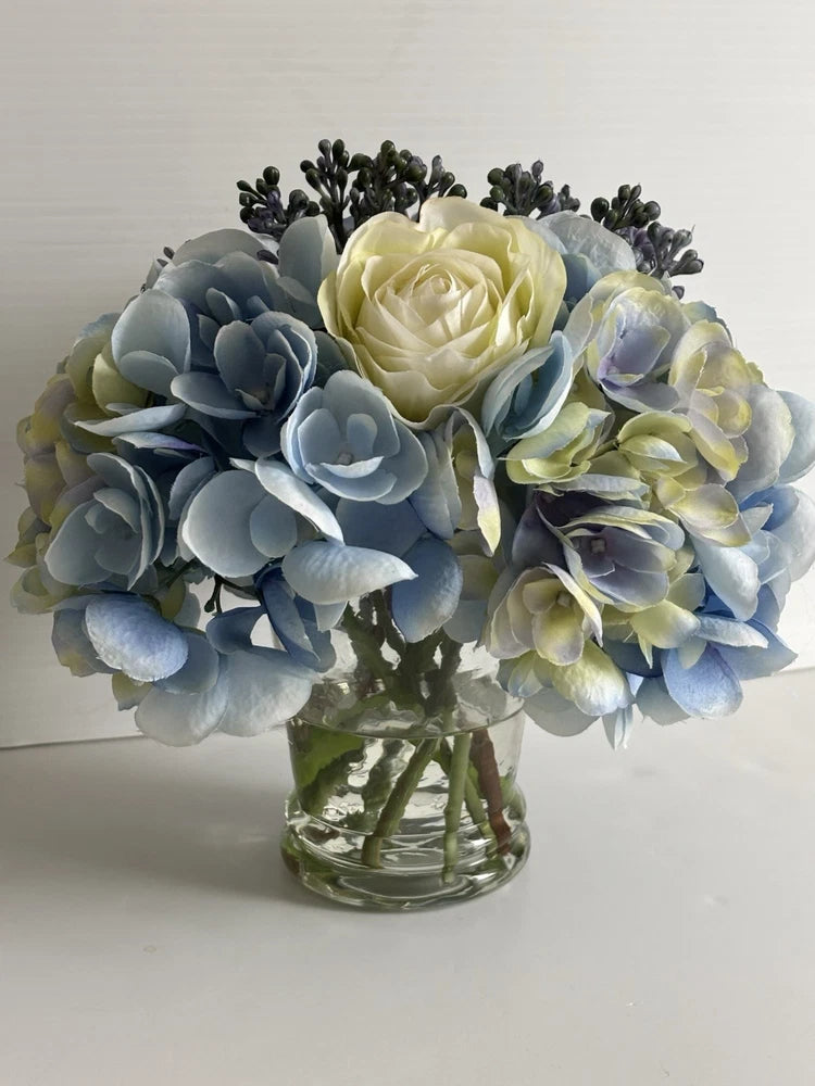 Diane James Designs Faux Roses, Hydrangea And Lilac in Glass Vase, 8 inches Hydrangea