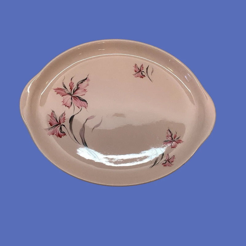 Vintage oval serving platter with handpainted pink carnation flowers, light pink rim