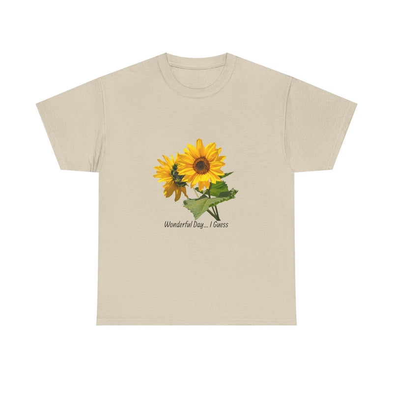 Cream T-shirt with yellow sunflower graphic and small text under the flower