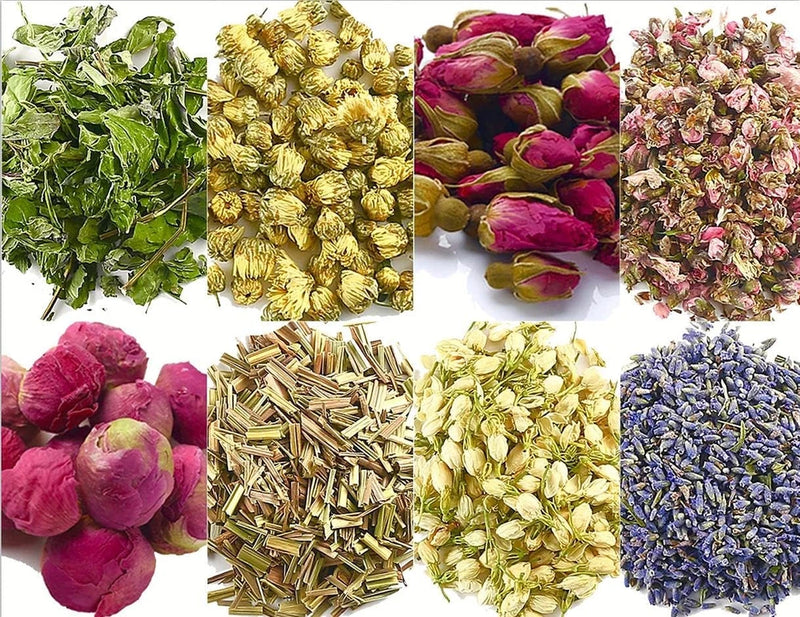 Assorted dried flowers and herbs in multiple bags: green leaves, yellow buds, pink and purple.
