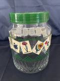 Flowered Green Checkerboard Glass Canister Rose, Violet, Carnation, Daisy Carnation