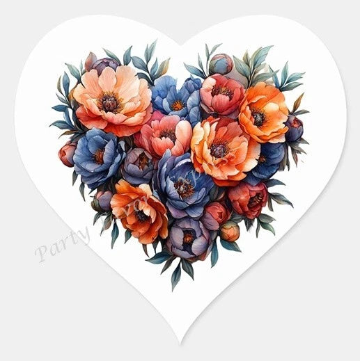 Heart-shaped floral sticker with colorful peony bouquet and greenery