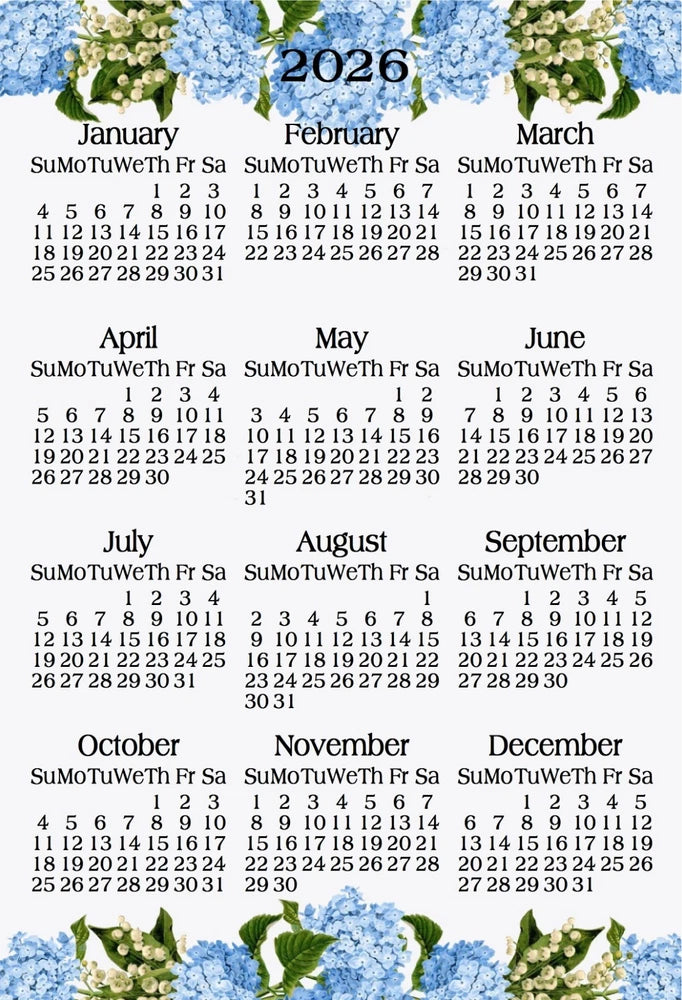 HYDRANGEA VINTAGE FLOWER BLUE YEARLY OFFICE KITCHEN FRIDGE 2026 CALENDAR MAGNET Hydrangea