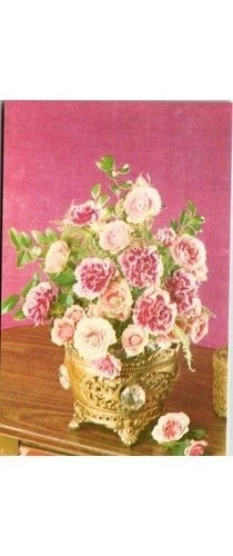 Pink carnation and rose bouquet in ornate gold vase, floral postcard