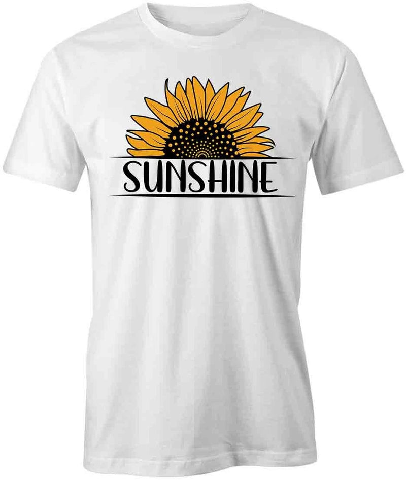 White cotton T-shirt with large sunflower and 'SUNSHINE' print on front