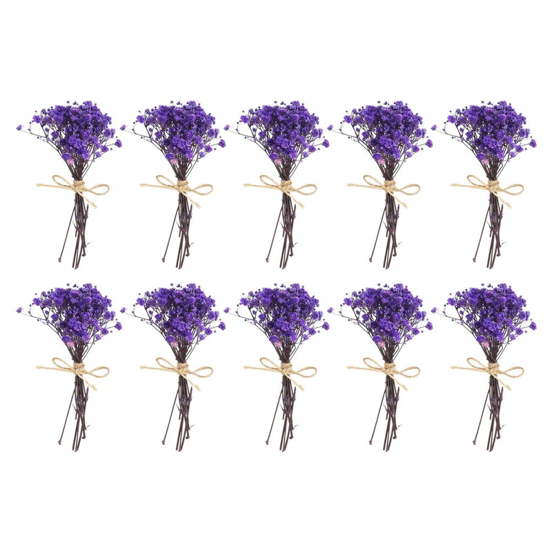 Set of 10 mini dried baby’s breath bouquets with twine ties, purple.