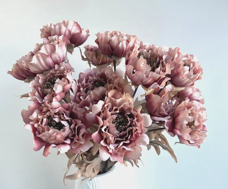 Dusty pink faux silk peony bouquet with layered ruffled petals and stems