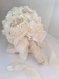 IVORY/CREAM Satin Roses & Diamante Brooch/Rose Gold Brooch; Bridal Bouquet; EUC! Bouquet