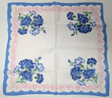 Vintage Blue Carnation Floral Flower Pink Scroll Sheer Handkerchief Hankie Hanky Carnation