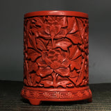 China Antique Vintage Lacquerware Carved Peony Flower Statue Nice Brush Pots Art Peony