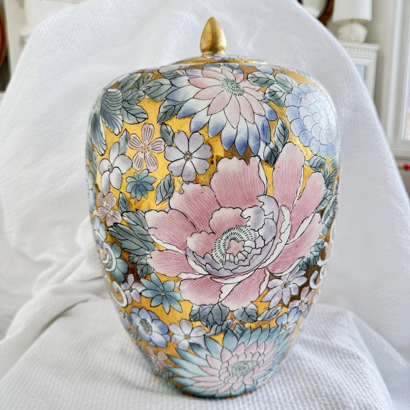 Vintage Chinese Peony Flower Tall Ginger Jar 13Ó Pink Blue Gold Peony