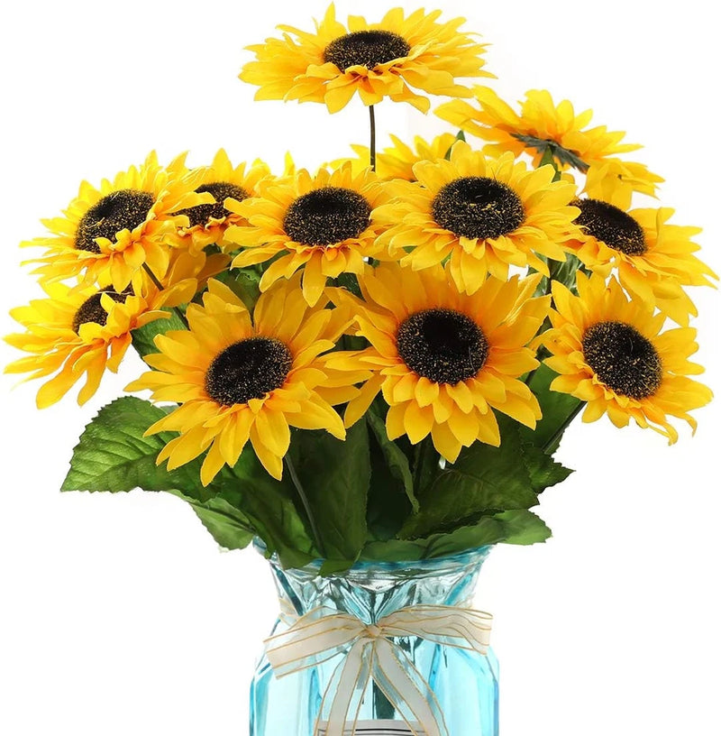 Artificial sunflower bouquet with 14 yellow blooms, dark centers, green leaves in blue vase