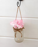 NEW Pink Hydrangea Mason Jar Wall Sconce w/ fairy lights frosted glass, metal Hydrangea