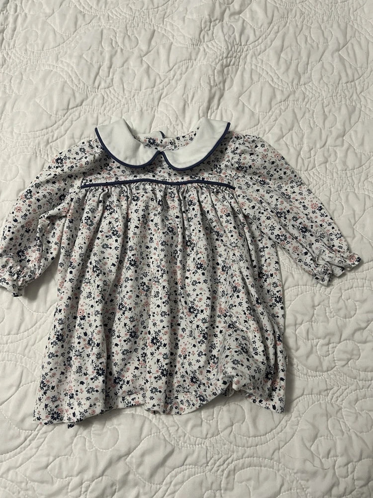 Sage And Lily floral bouquet long-sleeve dress with gathered skirt and dark collar trim