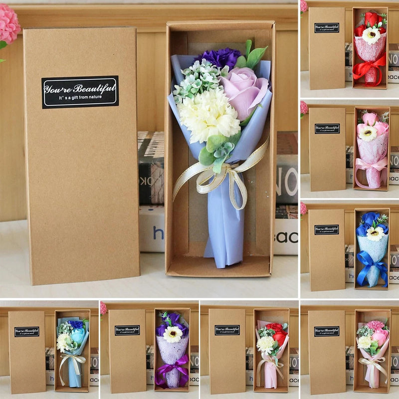 Scented soap flower bouquet in gift box, light purple and white blooms with green leaves