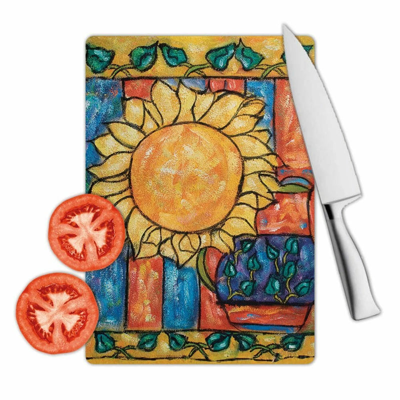 Rectangular cutting board with colorful sunflower drawing, bordered by blue and green accents