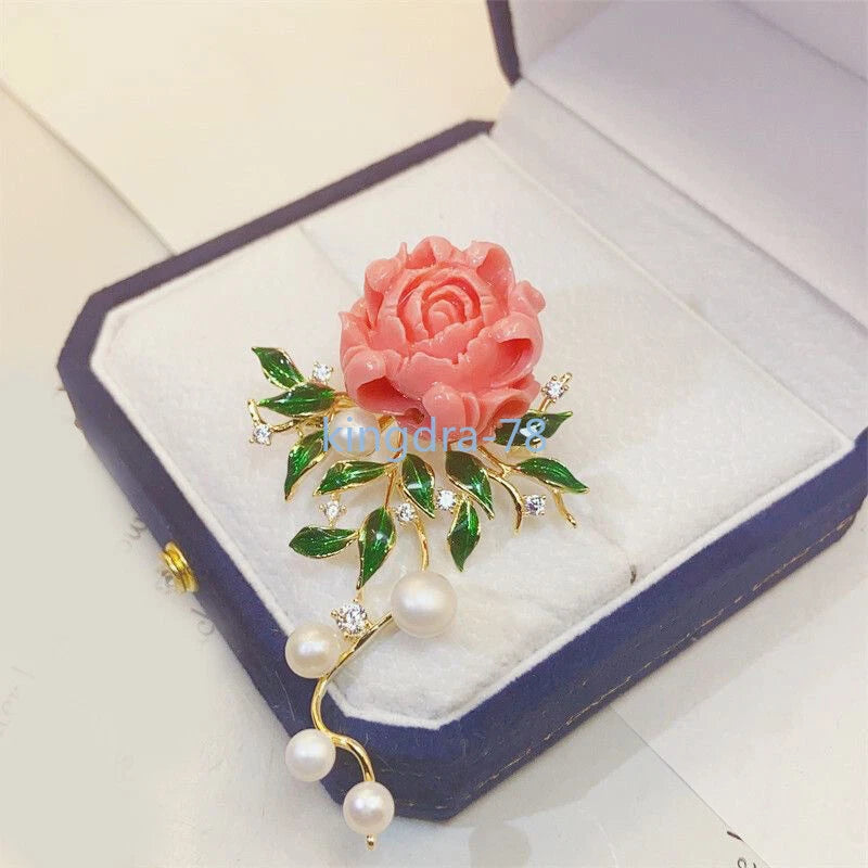 Peony flower brooch with gold leaves, faux pearl drops, and rhinestone accents in a gift box