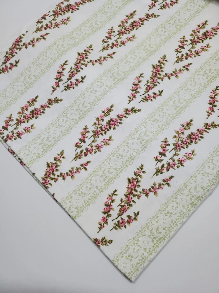 Floral Fabric French Bistro Michelle Blackhurst Green Stripe Cotton ONE YARD Flowering Plants