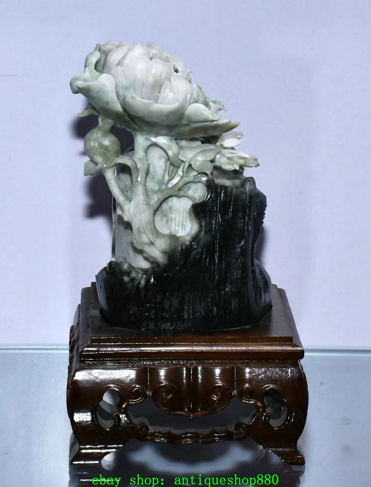 Natural jade peony flower stump carving statue on dark stone base with wooden stand