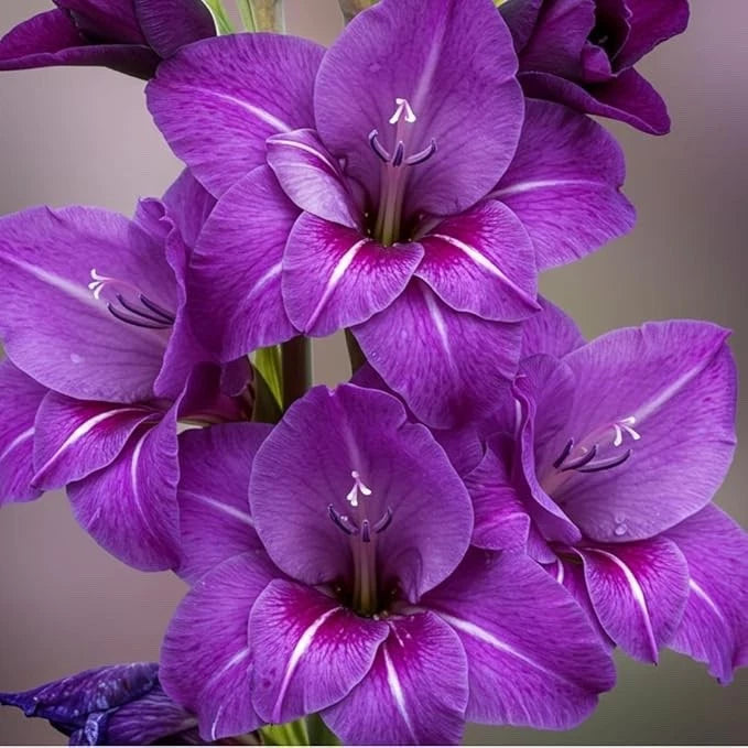 Purple gladiolus flowers with five petals and light center stripes, close-up